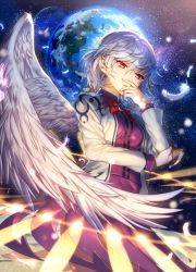 Rule 34 | 1girl, commentary request, covering own mouth, dress, earth (planet), expressionless, feathered wings, feathers, hair between eyes, jacket, kikugetsu, kishin sagume, long sleeves, moon, open clothes, open jacket, planet, purple dress, red eyes, short dress, short hair, silver hair, single wing, sky, solo, space, standing, star (sky), starry sky, touhou, white wings, wings