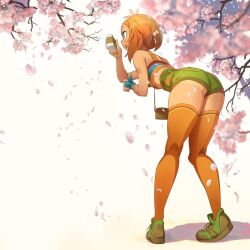 Rule 34 | 1girl, ass, blue eyes, breasts, camera, cherry blossoms, falling petals, flower, flower on head, full body, medium breasts, orange hair, orange thighhighs, original, petals, shoes, shorts, simple background, smile, sneakers, suspenders, thighhighs, xaxaxa