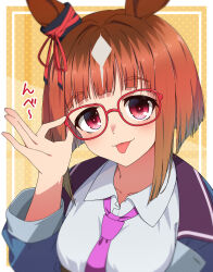 Rule 34 | 1girl, adjusting eyewear, animal ears, blush, border, brown hair, collared shirt, commentary request, ear ornament, glasses, grey jacket, highres, horse ears, horse girl, jacket, loose necktie, multicolored hair, necktie, neko no sora, open clothes, open jacket, outside border, pink necktie, red-framed eyewear, red eyes, shirt, short hair, smile, solo, streaked hair, tongue, tongue out, transcend (umamusume), umamusume, white border, white hair, white shirt