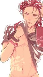 Rule 34 | 10s, 1boy, abs, asano goji, bad id, bad pixiv id, bracelet, clothes lift, granblue fantasy, groin, hand in own hair, jewelry, looking at viewer, male focus, navel, necklace, percival (granblue fantasy), red eyes, red hair, shirt lift, simple background, solo, sweat, tan, towel, towel around neck, white background