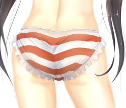 Rule 34 | 1girl, ass, ass focus, bad id, bad pixiv id, black hair, character request, close-up, long hair, panties, red panties, seedkeng, simple background, solo, striped clothes, striped panties, underwear, white background