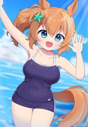 Rule 34 | 1girl, animal ears, blue eyes, blue one-piece swimsuit, blue sky, breasts, brown hair, cloud, cloudy sky, commentary request, hair ornament, highres, horse ears, horse girl, horse tail, large breasts, looking at viewer, medium hair, mei (meimyan), ocean, one-piece swimsuit, open mouth, outdoors, ponytail, school swimsuit, school uniform, sky, smile, solo, swimsuit, taiki shuttle (umamusume), tail, thigh gap, tracen school uniform, umamusume, water, waving