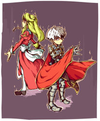 Rule 34 | 1boy, 1girl, armor, armored boots, aura, bio lab, blonde hair, boots, border, bow, breastplate, brown background, cape, chainmail, clenched hand, closed mouth, commentary request, cross, cross necklace, dress, full body, gauntlets, high priest (ragnarok online), jewelry, juliet sleeves, leg armor, long hair, long sleeves, looking afar, looking at viewer, lord knight (ragnarok online), low-tied long hair, margaretha sorin, necklace, open mouth, pauldrons, puffy sleeves, ragnarok online, red cape, red dress, red eyes, rei ai, sash, seyren windsor, short hair, shoulder armor, spiked gauntlets, tabard, thighhighs, two-tone dress, white border, white bow, white dress, white hair, white sash, white thighhighs