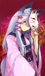 Rule 34 | + +, 1girl, animal ear fluff, animal ears, bad id, bad tumblr id, bee (deadflow), commentary request, fox ears, fox mask, grey hair, hand up, japanese clothes, kimono, long hair, looking at viewer, mask, obi, orange eyes, original, parted lips, pink kimono, red background, sash, solo, standing