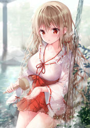 Rule 34 | 1girl, artist name, blurry, blurry background, blurry foreground, blush, braid, breasts, brown hair, check commentary, cleavage, collarbone, commentary request, depth of field, hair ribbon, hakama, hakama short skirt, hakama skirt, highres, holding, japanese clothes, large breasts, long hair, long sleeves, looking at viewer, nontraditional miko, original, parted lips, partial commentary, red eyes, red ribbon, red skirt, ribbon, see-through, sidelocks, skirt, solo, sousouman, water, wet, wet clothes, wide sleeves