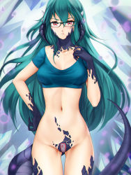 Rule 34 | 1girl, :t, aqua hair, breasts, censored, closed mouth, crop top, dragon girl, dragon tail, female focus, gigamessy, glasses, horns, long hair, medium breasts, monster girl, navel, no panties, original, red eyes, scales, tail