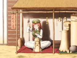 Rule 34 | 1girl, beret, braid, breasts, chisel, closed eyes, commentary request, embodiment of scarlet devil, green hat, green vest, hammer, hat, holding, holding hammer, hong meiling, large breasts, long hair, long sleeves, pants, pottery, red hair, shirosato, shirt, sitting, solo, star (symbol), touhou, translation request, twin braids, very long hair, vest, white pants, white shirt