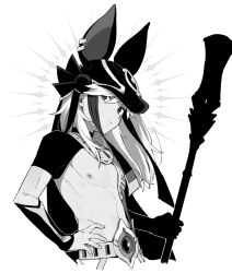 Rule 34 | 1boy, animal hat, closed mouth, commentary, cyno (genshin impact), egyptian clothes, genshin impact, greyscale, hair between eyes, hand on own hip, hat, holding, holding polearm, holding weapon, long hair, looking at viewer, male focus, monochrome, moyori, nipples, polearm, simple background, solo, symbol-only commentary, upper body, weapon