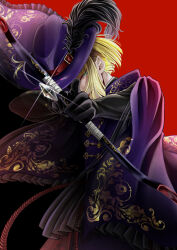 Rule 34 | 1boy, absurdres, aiming, aiming at viewer, black background, black gloves, black shirt, blonde hair, blunt bangs, blunt ends, bow (weapon), cape, collared shirt, commentary request, feathers, floral print, frilled cape, frills, gem, glint, gloves, gold trim, green eyes, hat, hat feather, head tilt, highres, holding, holding bow (weapon), holding weapon, jacket, kir glass, long sleeves, looking at viewer, male focus, multicolored background, open mouth, purple cape, purple hat, purple jacket, red background, rook hunt, shirt, short hair, sidelocks, simple background, smile, solo, tsurime, twisted wonderland, weapon