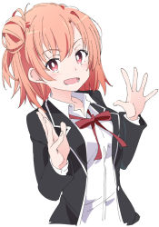 Rule 34 | 1girl, :d, black jacket, blazer, blush, bow, breasts, brown hair, collared shirt, dress shirt, hair bun, hands up, ixy, jacket, long hair, long sleeves, looking at viewer, open clothes, open jacket, open mouth, red bow, red eyes, red hair, red neckwear, red ribbon, ribbon, school uniform, shirt, side bun, simple background, single hair bun, single side bun, small breasts, smile, solo, teeth, upper body, white background, white shirt, yahari ore no seishun lovecome wa machigatteiru., yuigahama yui