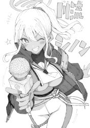 Rule 34 | 1girl, armband, blue archive, blush, breast curtains, breasts, commentary request, greyscale, grin, hair between eyes, halo, highres, holding, holding microphone, jacket, large breasts, long hair, looking at viewer, microphone, miyoshi (triple luck), monochrome, pants, shinon (blue archive), sidelocks, smile, solo, star (symbol), translation request, underboob