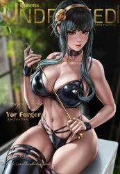 Rule 34 | 1girl, artist name, black bra, black choker, black hair, black panties, blurry, blurry background, bra, breasts, character name, choker, cleavage, collarbone, cover, crossed legs, dagger, dandon fuga, english text, flower, glint, gold hairband, hair flower, hair ornament, hairband, highres, holding, holding dagger, holding knife, holding weapon, knife, large breasts, lingerie, long hair, magazine cover, navel, panties, red eyes, red lips, rose, shiny clothes, sidelocks, sitting, skindentation, solo, spikes, spy x family, stiletto (weapon), stomach, thighhighs, thighs, toned, typo, underwear, weapon, yor briar