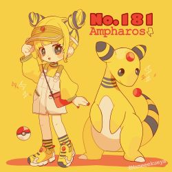 Rule 34 | 1girl, ampharos, bag, black eyes, black hair, blonde hair, blunt bangs, character name, creatures (company), double bun, earrings, english text, full body, game freak, gen 2 pokemon, hair bun, highres, jewelry, lightning bolt symbol, long sleeves, looking at viewer, moemon, multicolored hair, nail polish, narumame, nintendo, open mouth, overalls, personification, poke ball, poke ball (basic), pokedex number, pokemon, pokemon (creature), puffy sleeves, red nails, shirt, shoes, shoulder bag, simple background, smile, socks, standing, streaked hair, striped clothes, striped legwear, striped socks, twitter username, white overalls, yellow background, yellow footwear, yellow legwear, yellow shirt, yellow theme
