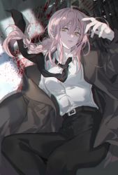 Rule 34 | 1girl, belt, black jacket, black necktie, black pants, blood, blood splatter, braid, braided ponytail, business suit, chainsaw man, collared shirt, formal, high-waist pants, hitokoto, jacket, looking to the side, lying, makima (chainsaw man), medium hair, necktie, neckwear request, on back, open clothes, open jacket, open mouth, pants, pink hair, shirt, shirt tucked in, short hair, solo, suit, white shirt, yellow eyes