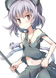 Rule 34 | &gt;:(, 1girl, alternate costume, animal ears, bare shoulders, blush, breasts, closed mouth, collarbone, cowboy shot, dowsing rod, frown, grey hair, grey skirt, jewelry, looking at viewer, military, military vehicle, motor vehicle, mouse (animal), mouse ears, mouse tail, navel, nazrin, pendant, red eyes, short hair, skirt, skirt set, sleeveless, small breasts, solo, stomach, strap slip, suichuu hanabi, tail, tank top, touhou, v-shaped eyebrows, white background