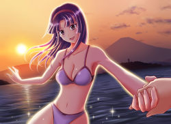 Rule 34 | 1girl, bikini, black hair, breasts, brown eyes, cleavage, dragging, dutch angle, hairband, holding hands, hime cut, long hair, looking at viewer, mikii, navel, original, pov, solo focus, sunset, swimsuit