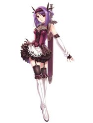 Rule 34 | 1girl, adel (blazing souls), blazing souls, boots, crossed legs, detached collar, detached sleeves, expressionless, full body, garter straps, grey eyes, hairband, hirano katsuyuki, official art, purple hair, short hair, skirt, solo, spectral (series), standing, thigh boots, thighhighs, white background