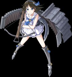 Rule 34 | &gt;:|, 1girl, :|, blue eyes, blue neckerchief, boots, bowgun, breasts, brown hair, closed mouth, dress, full body, gloves, hair ornament, holding, holding weapon, kazune (baumkuchen), looking at viewer, looking up, medium breasts, mihara (oshiro project), neckerchief, oshiro project:re, oshiro project:re, pleated skirt, sailor dress, skirt, sleeveless, solo, thigh boots, thighhighs, transparent background, v-shaped eyebrows, weapon