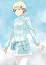 Rule 34 | 1girl, blonde hair, blue eyes, hamushima, hanna wind, military, military uniform, pantyhose, short hair, solo, strike witches, strike witches: aurora no majo, sweater, uniform, white pantyhose, world witches series