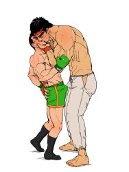 Rule 34 | 2boys, abs, absurdres, bara, barefoot, black hair, blush, boxing gloves, bulge, crotch, erection, erection under clothes, fingerless gloves, gakuranman, gloves, green gloves, highres, little mac, male focus, multiple boys, muscular, nintendo, pants, punch-out!!, red gloves, ryu (street fighter), topless male, simple background, size difference, street fighter, super smash bros., sweat, torn clothes, torn pants, undressing, white background, yaoi