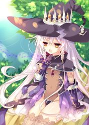 Rule 34 | absurdres, bad id, bad pixiv id, beamed quavers, black gloves, black hat, braid, brown eyes, crown, day, fingerless gloves, gloves, hand up, hat, highres, hilda (stella glow), long hair, music, musical note, open mouth, outdoors, quaver, singing, solo, stella glow, thebluesky, thighhighs, tree, very long hair, white hair, witch hat