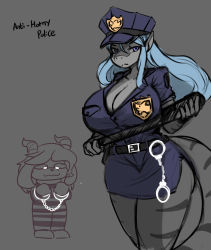 Rule 34 | 1girl, 1other, baton, blue hair, breasts, cleavage, cuffs, fins, fish tail, furry, furry female, gipehtyboo, handcuffs, highres, huge breasts, original, police, shark girl, shark tail, sophia (atlanteandotxxx), tail