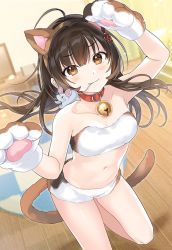 Rule 34 | &quot;rouhou&quot; ore no iinazuke ni natta jimiko ie dewa kawaii shikanai., 1girl, ahoge, animal ears, animal hands, animal print, arms up, bandeau, bare arms, bare shoulders, breasts, brown eyes, brown hair, cat ears, cat girl, cat print, cat tail, fake animal ears, fake tail, gloves, highres, leg up, long hair, looking at viewer, medium breasts, micro shorts, midriff, navel, neck bell, paw gloves, short shorts, shorts, smile, solo, stomach, strapless, tail, tan (tangent), thighs, tube top, underwear, underwear only, v-shaped eyebrows, watanae yuuka, white shorts, wooden floor