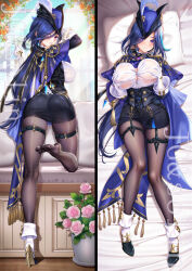Rule 34 | 1girl, ass, black pantyhose, blue hair, blue hat, blush, breasts, breasts squeezed together, cape, clorinde (genshin impact), dakimakura (medium), epaulettes, full body, genshin impact, gloves, grabbing, grabbing own breast, hat, hat feather, jewelry, jg&amp;solin, large breasts, long hair, looking at viewer, low ponytail, lying, multiple views, on back, pantyhose, purple eyes, see-through, see-through shirt, solo, tricorne, vision (genshin impact), white gloves