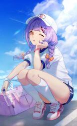 Rule 34 | 1girl, ;p, absurdres, bag, baseball cap, blue shirt, blue shorts, blue sky, bottle, bow, cloud, crazy ones, duffel bag, gym shirt, gym shorts, gym uniform, hair ornament, hairclip, hat, highres, holding, holding bottle, long hair, multicolored shirt, official art, one eye closed, purple hair, qianye zhizi, shirt, shoes, shorts, sky, sneakers, socks, solo, squatting, tongue, tongue out, water bottle, white shirt, white socks, yellow bow, yellow eyes