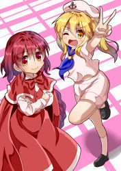 Rule 34 | 2girls, ;d, anchor symbol, arm up, black footwear, blonde hair, blue neckwear, bow, bowtie, braid, braided ponytail, cape, commentary request, cowboy shot, crossed arms, diagonal stripes, foreshortening, from above, hair between eyes, hat, highres, kitashirakawa chiyuri, kneehighs, loafers, long hair, long sleeves, looking at viewer, multiple girls, neckerchief, okazaki yumemi, one eye closed, open mouth, red cape, red eyes, red hair, red neckwear, red skirt, red vest, sailor hat, shadow, shirt, shoes, short hair, short sleeves, shorts, side ponytail, sidelocks, skirt, smile, socks, standing, standing on one leg, striped, striped background, sugiyama ichirou, touhou, touhou (pc-98), v, very long hair, vest, white legwear, white shirt, white shorts, yellow eyes