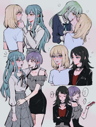 Rule 34 | 5girls, arm around neck, ave mujica (bang dream!), bang dream!, bang dream! it&#039;s mygo!!!!!, black choker, black hair, black jacket, black ribbon, black skirt, blonde hair, blue dress, blush, chain necklace, choker, closed eyes, closed mouth, collared shirt, commentary, dress, french kiss, green hair, grey background, grey shirt, grey skirt, hand on another&#039;s shoulder, highres, holding, holding phone, jacket, jewelry, kiss, long hair, maybecrosswise, medium hair, misumi uika, multiple girls, neck ribbon, necklace, off-shoulder shirt, off shoulder, open clothes, open jacket, open mouth, parted lips, pencil skirt, phone, pink eyes, purple eyes, purple hair, red shirt, ribbon, shirt, shirt tucked in, short hair, short sleeves, skirt, sleeping, smile, speech bubble, sweat, symbol-only commentary, togawa sakiko, tongue, tongue out, wakaba mutsumi, white shirt, yahata umiri, yuri, yuutenji nyamu