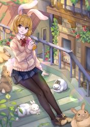 Rule 34 | 1girl, :3, animal ears, black pantyhose, blonde hair, blue skirt, blurry, bokeh, bottle, brown footwear, building, cardigan, carrot (one piece), commentary, commission, day, depth of field, english commentary, flower, furry, furry female, glint, head tilt, highres, holding, holding bottle, light particles, looking at viewer, miniskirt, one piece, orendi laran, outdoors, outstretched legs, pantyhose, parted lips, pink cardigan, pleated skirt, rabbit, rabbit ears, rabbit girl, rabbit tail, red eyes, red flower, short hair, sitting, skirt, solo, stairs, tail