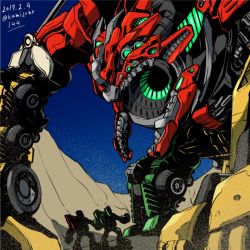 Rule 34 | 2017, 3boys, autobot, blue sky, dated, day, decepticon, devastator (transformers), glowing, glowing eyes, green eyes, kamizono (spookyhouse), machine, machinery, male focus, mecha, mudflap, multiple boys, no humans, open mouth, robot, skids (transformers), sky, transformers, transformers: revenge of the fallen, transformers (live action), twitter username