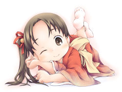 Rule 34 | 10s, 1girl, aged down, alternate costume, ayanami (kancolle), brown eyes, brown hair, child, feet, hair ribbon, ham (points), japanese clothes, kantai collection, kimono, long sleeves, looking at viewer, lying, no shoes, obi, on stomach, one eye closed, ribbon, sash, side ponytail, simple background, smile, socks, solo, white background, wide sleeves, wink