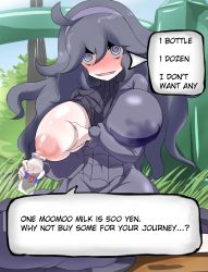 Rule 34 | 10s, 1girl, @ @, absurdres, ahoge, ayuayu (shouyu no sato), black hair, blush, bottle, breast hold, breast slip, breasts, bush, creatures (company), game freak, grass, hairband, hard-translated, hex maniac (pokemon), highres, huge breasts, lactating into container, lactation, long hair, looking at viewer, naughty face, nintendo, nipples, npc trainer, one breast out, open clothes, open mouth, outdoors, pale skin, pokemon, pokemon xy, purple eyes, ribbed sweater, sitting, sky, smile, solo, sweater, text focus, third-party edit, translated