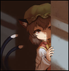 Rule 34 | 1girl, animal ears, bad id, bad pixiv id, border, brown hair, cat ears, cat tail, chen, closed mouth, dark, digits58, earrings, fangs, fangs out, gold trim, hat, jewelry, light, light smile, long sleeves, looking at viewer, mob cap, multiple tails, nekomata, one eye closed, peeking out, red eyes, red vest, shadow, short hair, single earring, solo, tail, touhou, upper body, vest