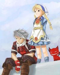 Rule 34 | 1boy, 1girl, ahoge, arms behind back, black eyes, blonde hair, boots, braid, buttons, child, chito (field of...), cloud, day, demon, dorothy (over zenith), dress, feel, fingerless gloves, gloves, grey eyes, grin, hat, knee boots, long hair, outdoors, over zenith, scarf, shadow, short dress, short hair, silver hair, sitting, sky, smile, socks, spiked hair, standing, strap, toto (over zenith), twin braids, wings