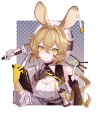 Rule 34 | 1girl, absurdres, animal ears, arknights, asymmetrical gloves, be3al2si6o18 p, beret, blonde hair, clipboard, dorothy (arknights), fingerless gloves, gloves, hat, highres, hourglass, index finger raised, long hair, low ponytail, mismatched gloves, polka dot, polka dot background, signature, single fingerless glove, smile, yellow eyes, yellow gloves