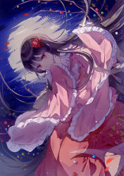 Rule 34 | 1girl, black hair, blush, bow, bowtie, branch, chinese commentary, collared shirt, commentary, covering own mouth, feet out of frame, flower, frilled shirt, frilled shirt collar, frilled sleeves, frills, full moon, hair flower, hair ornament, houraisan kaguya, jeweled branch of hourai, leaf, long hair, long sleeves, looking at viewer, moon, pink shirt, red eyes, red flower, red skirt, reflection, ripples, shirt, skirt, sleeves past wrists, solo, touhou, transparent (randomhs), very long hair, water, white bow, white bowtie, wide sleeves