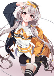 Rule 34 | 1girl, arm up, black jacket, black shorts, black thighhighs, blush, boots, braid, braided bangs, brown background, brown eyes, character name, chestnut mouth, clothes writing, collared shirt, commentary request, dress shirt, gradient background, grey hair, highres, hisakawa nagi, holding, holding microphone, idolmaster, idolmaster cinderella girls, idolmaster cinderella girls starlight stage, jacket, long hair, long sleeves, looking at viewer, low twintails, microphone, off shoulder, open clothes, open jacket, orange jacket, parted lips, shirt, short shorts, shorts, single thigh boot, solo, sutoroa, thigh boots, thighhighs, triangle hair ornament, twintails, very long hair, w, white background, white shirt