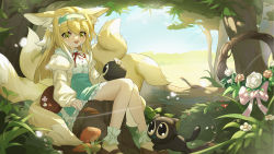 Rule 34 | 1girl, :d, absurdres, animal ears, ankle cuffs, arknights, black cat, blonde hair, blue hairband, blue skirt, blue sky, brown footwear, cat, day, forest, fox ears, fox girl, fox tail, green eyes, hair down, hairband, highres, katachi noboru nishikino, kitsune, long hair, long sleeves, looking at viewer, luo xiaohei, luo xiaohei zhanji, multicolored hair, multiple tails, mushroom, nature, neck ribbon, official alternate costume, open mouth, outdoors, petting, plant, red ribbon, ribbon, shirt, sitting, skirt, sky, smile, solo, streaked hair, suzuran (arknights), suzuran (spring praise) (arknights), tail, teeth, tree, tree stump, upper teeth only, white hair, white shirt