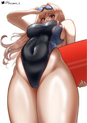 Rule 34 | 1girl, black one-piece swimsuit, black towel, blush, breasts, brown hair, choker, competition swimsuit, covered navel, curvy, eyebrows hidden by hair, eyewear on head, unworn eyewear, from below, glasses, goddess of victory: nikke, highleg, highleg swimsuit, highres, holding, holding removed eyewear, holding surfboard, kuremon, large breasts, long hair, navel, one-piece swimsuit, orange eyes, rapi (classic vacation) (nikke), rapi (nikke), reaching, shiny skin, simple background, skin tight, solo, stomach, sunglasses, surfboard, swimsuit, thick thighs, thighs, twitter username, two-tone swimsuit, white background, wide hips