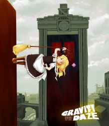 Rule 34 | 1girl, absurdres, apron, blonde hair, boots, braid, broom, clenched teeth, cross-laced footwear, female focus, gravity daze, highres, japanese text, kirisame marisa, knee boots, lace-up boots, long hair, pantyhose, parody, pun, side braid, single braid, solo, teeth, touhou, yaise, yellow eyes