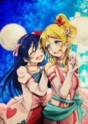 Rule 34 | 10s, 2girls, :d, ayase eli, blonde hair, blue eyes, blue hair, blush, bow, breasts, choker, dress, earrings, closed eyes, flower, hair flower, hair ribbon, hands on another&#039;s shoulders, happy, highres, jewelry, large breasts, lilylion26, long hair, looking at another, love live!, love live! school idol project, multiple girls, navel, necklace, open mouth, pointing, ribbon, sash, scrunchie, side ponytail, small breasts, smile, sonoda umi
