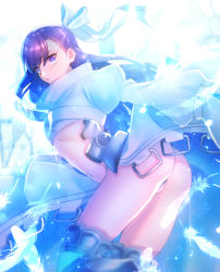 Rule 34 | 1girl, ass, blue eyes, bow, fate/grand order, fate (series), feathers, flat chest, hair bow, leaning forward, long hair, long sleeves, looking at viewer, meltryllis (fate), meltryllis (third ascension) (fate), midriff, moe (hamhamham), navel, purple hair, solo, standing, thighhighs, white feathers