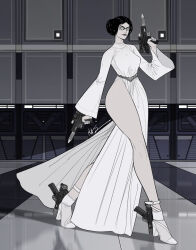 Rule 34 | 1girl, ankle gun, bayonetta, bayonetta (series), beam rifle, belt, breasts, commentary, cosplay, dress, energy gun, exmile, full body, glasses, greyscale, high heels, highres, lipstick, long dress, long legs, makeup, medium breasts, mole, mole under mouth, monochrome, princess leia organa solo, princess leia organa solo (cosplay), quadruple wielding, signature, solo, star wars, thick thighs, thighs, trigger discipline, weapon