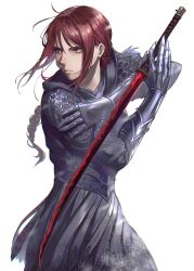 Rule 34 | 1girl, absurdres, armor, braid, braided ponytail, chromatic aberration, commentary, elden ring, english commentary, gauntlets, hanneli (hanny), hanny (uirusu chan), highres, holding, holding sword, holding weapon, katana, long hair, looking to the side, red eyes, red hair, serious, simple background, solo, sword, tarnished (elden ring), weapon, white background