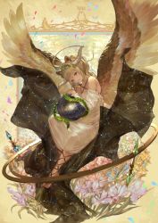 Rule 34 | 1girl, animal ears, ankle lace-up, ball, blonde hair, cape, constellation, criss-cross halter, cross-laced footwear, dress, feathered wings, floating, flower, galaxy, gown, halo, halterneck, head tilt, horns, leaf, looking at viewer, n.a., olive wreath, original, petals, ribbon, sidelocks, solo, tarot, tarot (medium), the world (tarot), toes, wings