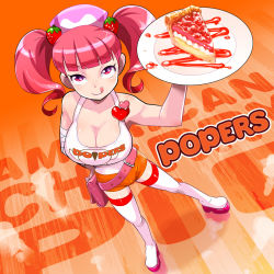 Rule 34 | 1girl, :p, bag, bandages, belt, blush, boots, brand name imitation, breasts, cherry pie, cleavage, clothes writing, employee uniform, food, from above, fruit, hair ornament, hand on own hip, handbag, heart, highres, hooters, large breasts, looking at viewer, milk (pop&#039;n music), osamu yagi, pie, pink hair, plate, platform boots, platform footwear, pop&#039;n music, red eyes, short hair, short shorts, shorts, smile, solo, strawberry, tank top, thigh boots, thighhighs, tongue, tongue out, twintails, uniform