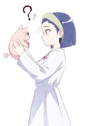 Rule 34 | 1girl, ?, alternate hairstyle, animal, blue hair, blunt ends, bob cut, closed mouth, colored inner hair, commentary, do it yourself!!, from side, grey headband, hair pulled back, headband, highres, holding, holding animal, long sleeves, multicolored hair, nightgown, pig, purple hair, raku rakugaki, red eyes, short hair, simple background, smile, solo, standing, suride miku, sweatdrop, white background, white nightgown